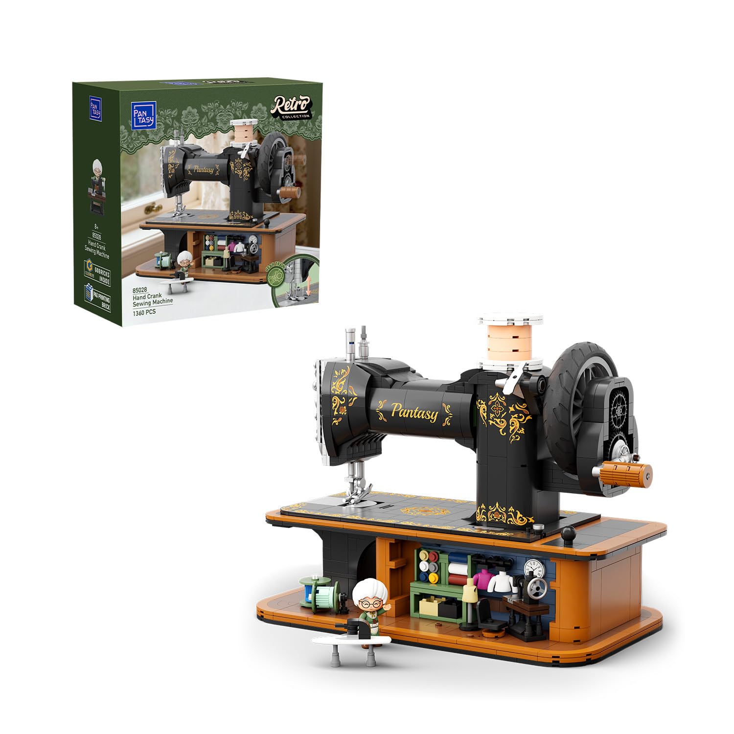PANTASY Retro Nähmaschine Klemmbausteine Set | Vintage-Modell mit Handkurbel, funktionierendem Zahnradmechanismus und versteckter Mini-Schneiderei zum Ausstellen