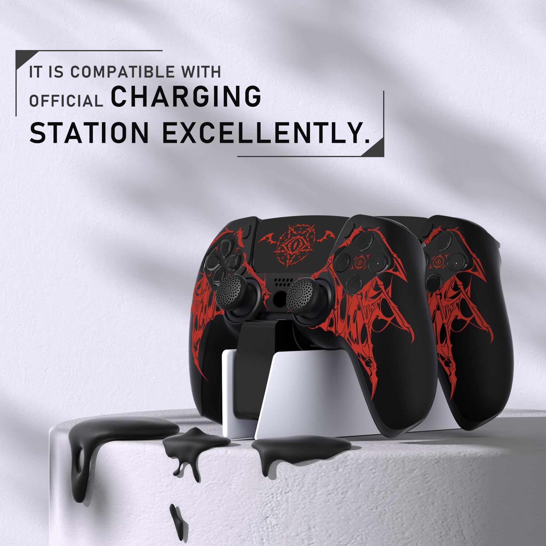 PlayVital Cover Skin per ps5 Controller-Adatto per Base di Ricarica, Custodia Joystick Grip Silicone Case Antiscivolo & 6 Copri Analogici & Adesivi, Accessori per ps5, Sigillo delle Ali Rosso