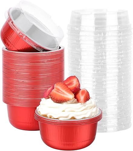 Beasea Vasos desechables para hornear con tapas, paquete de 50 moldes de papel de aluminio de 6.1 oz de 6.1 fl oz, moldes redondos para hornear,