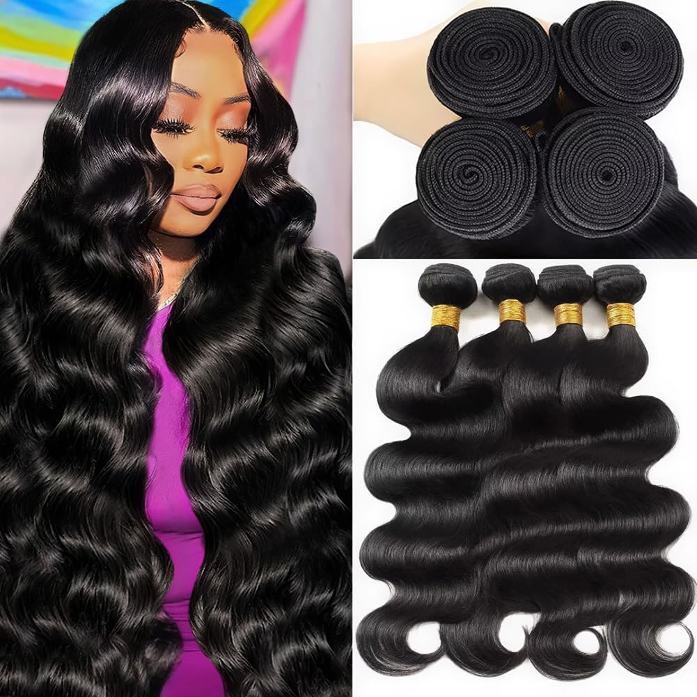 12A Human Hair Bundles 20 22 24 26 Inch Body Wave Bundles Human Hair 100% Unprocessed Brazilian Virgin Weave Bundles 4 Bundles Real Natural Black Wavy