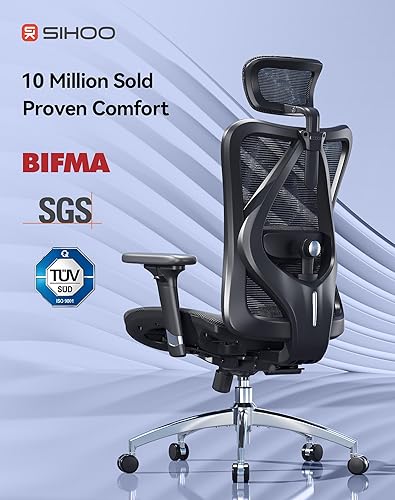 Miniatura 4 de SIHOO M57 Silla de oficina ergonómica de malla, silla de escritorio con respaldo alto para el hogar con reposabrazos 3D, soporte lumbar y