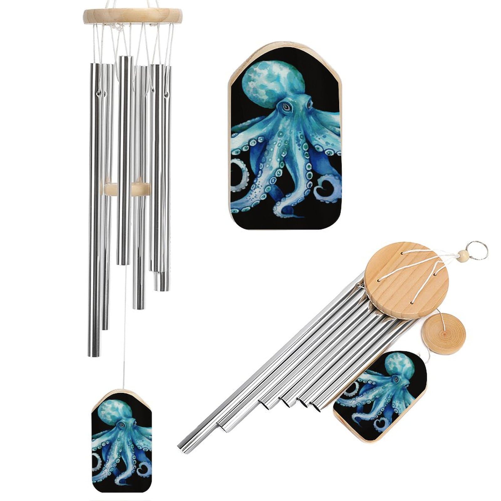 Exquisite Aluminum & Wood Blue Watercolor Octopus Printed Wind Chime - Perfect for Outdoor & Indoor Spaces20.5 in