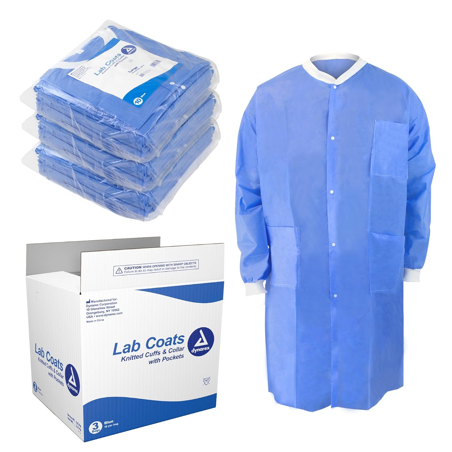 Dynarex 2074 Lab Coat, SMS Fabric with Pockets, Large, Dark Blue (Pack of 3)