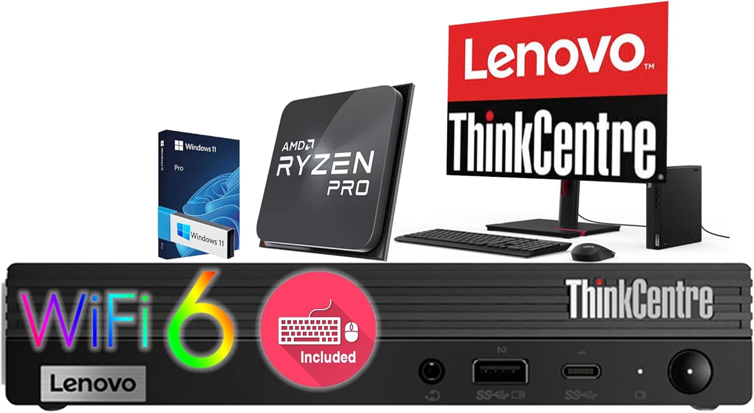 Lenovo ThinkCentre Mini Desktop, Ultra-Fast AMD Ryzen 5 PRO, 16GB RAM, 512GB SSD & 1TB HDD, Wi-Fi 6, Bluetooth5, USB-C, HDMI, Display Port, RJ-45, Windows 11 Pro – Tiny Computer for Everyday Tasks