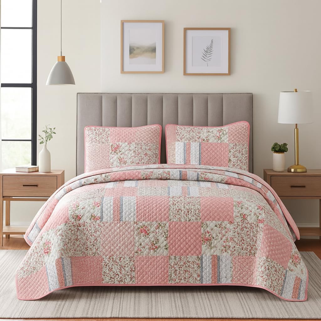 DBOZE Reversible Cotton Blend 3-Piece Embroidery Pattern Elegant Bedding Quilt Set with Embroidered Decorative Shams Soft Bedspread & Coverlet Set (Pink, Queen)