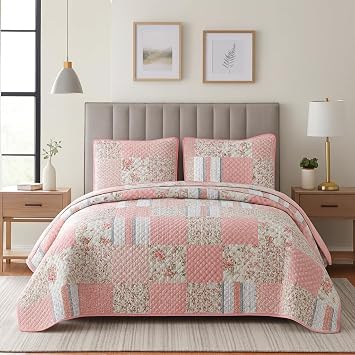 DBOZE Reversible Cotton Blend 3-Piece Embroidery Pattern Elegant Bedding Quilt Set with Embroidered Decorative Shams Soft Bedspread & Coverlet Set Pink, Queen