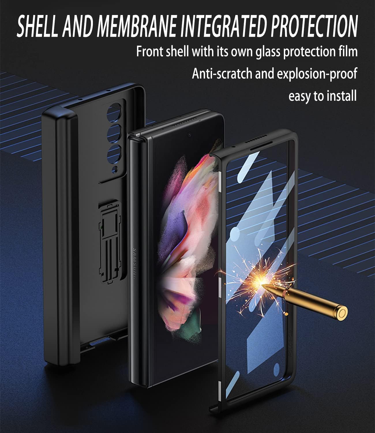 for Samsung Galaxy Z Fold 3 Case with Pen Holder,Hinged Cover Built-in with Pen Slot,with Screen Protector&Adjustable Bracket,Leather Cover Case for Galaxy Z Fold 3 (Carbon Fiber)