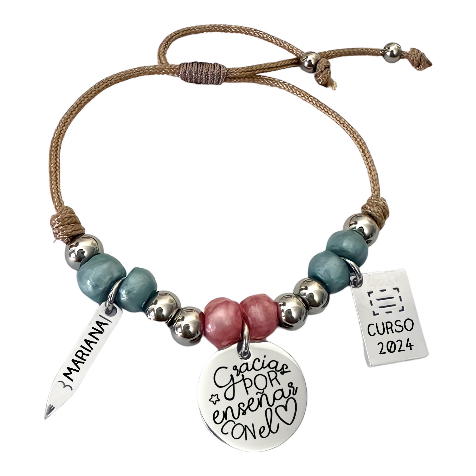 Pulsera para profesora, personalizada, elaborada a mano, acabados en acero inoxidable, ajustable, MODELO VIVA, Regalos para profesores.