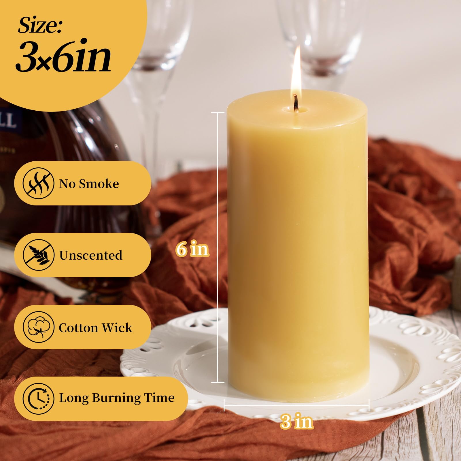 KONNI Juego de 3 velas de pilar amarillo mostaza, velas de pilar sin perfume de 3 x 6 pulgadas, velas de combustión de 56 horas de duración, sin humo y sin goteo para bodas, decoración del hogar,