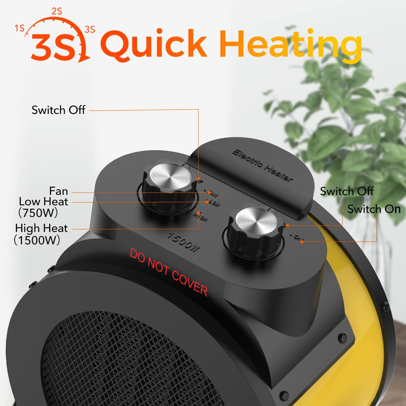 Riscaldatori per ambienti interni, riscaldamento elettrico PTC 1500W con angolo regolabile di 90°, riscaldamento rapido di sicurezza, piccolo riscaldatore portatile per ufficio e casa (giallo)