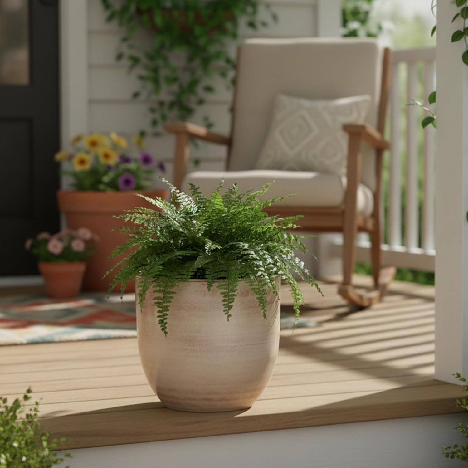 Bloem Canyon 12" Indoor Metal Cachepot - Glossy Decorative Planter with Powder-Coated Finish, Removable Drain Plug, Cream