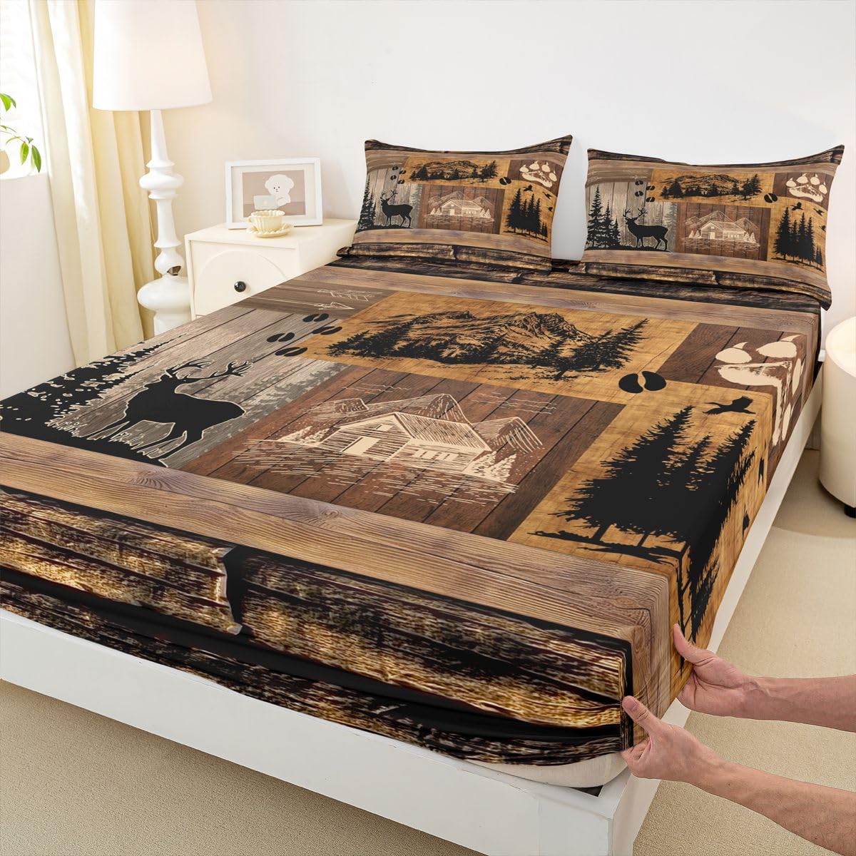 Homewish Zestaw pościeli z reniferem King Rustykalny dom wiejski wystrój domek nad jezioro prześcieradło z gumką retro drewniane moro prześcieradła dla dzieci nastolatków dziewcząt, vintage domek