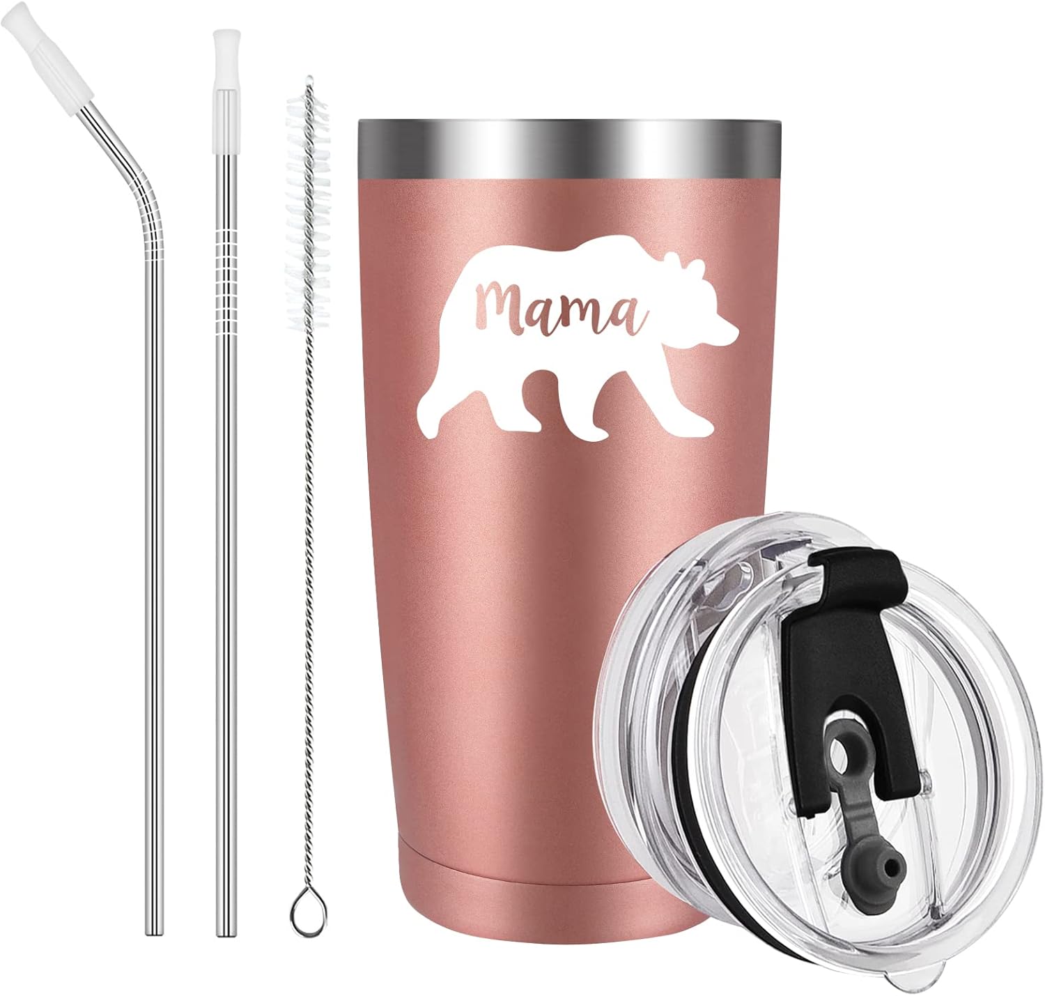 Livole Regalos para mamá de hija, regalos del día de la madre para mamá, mamá, mamá, regalos de cumpleaños para mamá, mamá, oso, taza de café de doble pared, taza térmica de 20 onzas con popote y tapa