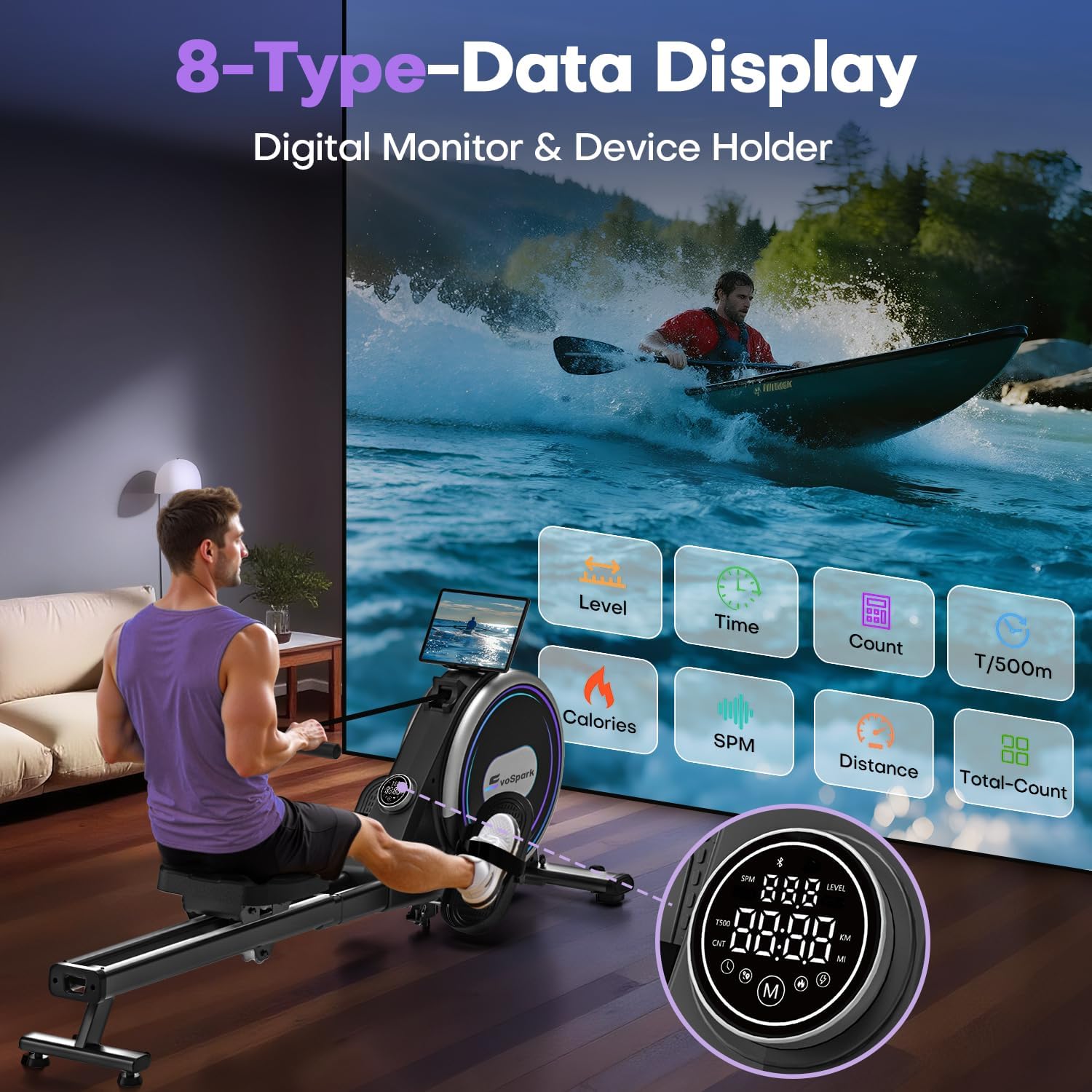 EvoSpark rowing machine's touchscreen display showing workout data.