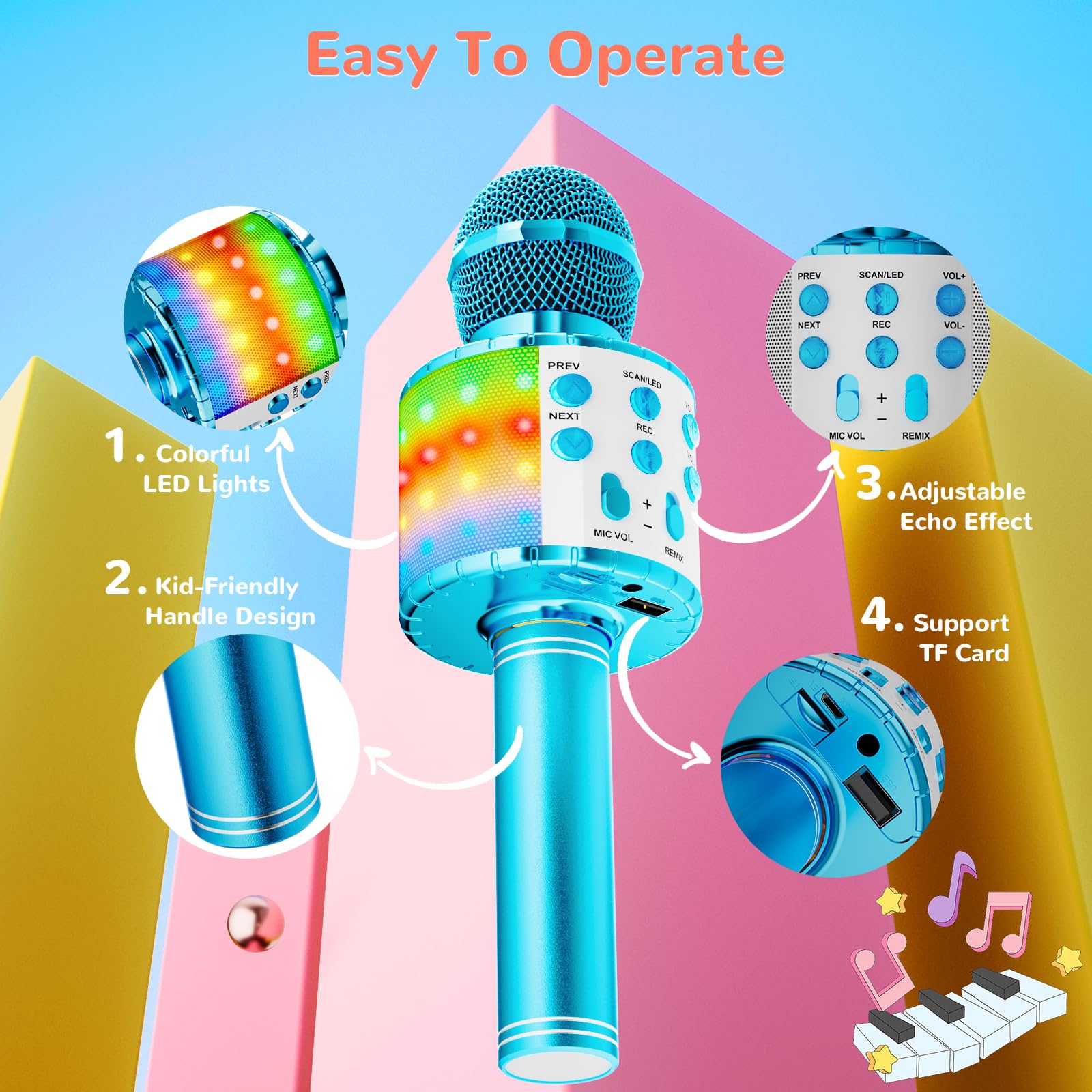 Ankuka Microfono Karaoke Bluetooth Wireless Microfono Bambini Regalo per Bambini 3-12 Anni Microfono Giocattolo Cambia Voce, Compatibile con Android, iOS, PC Blu