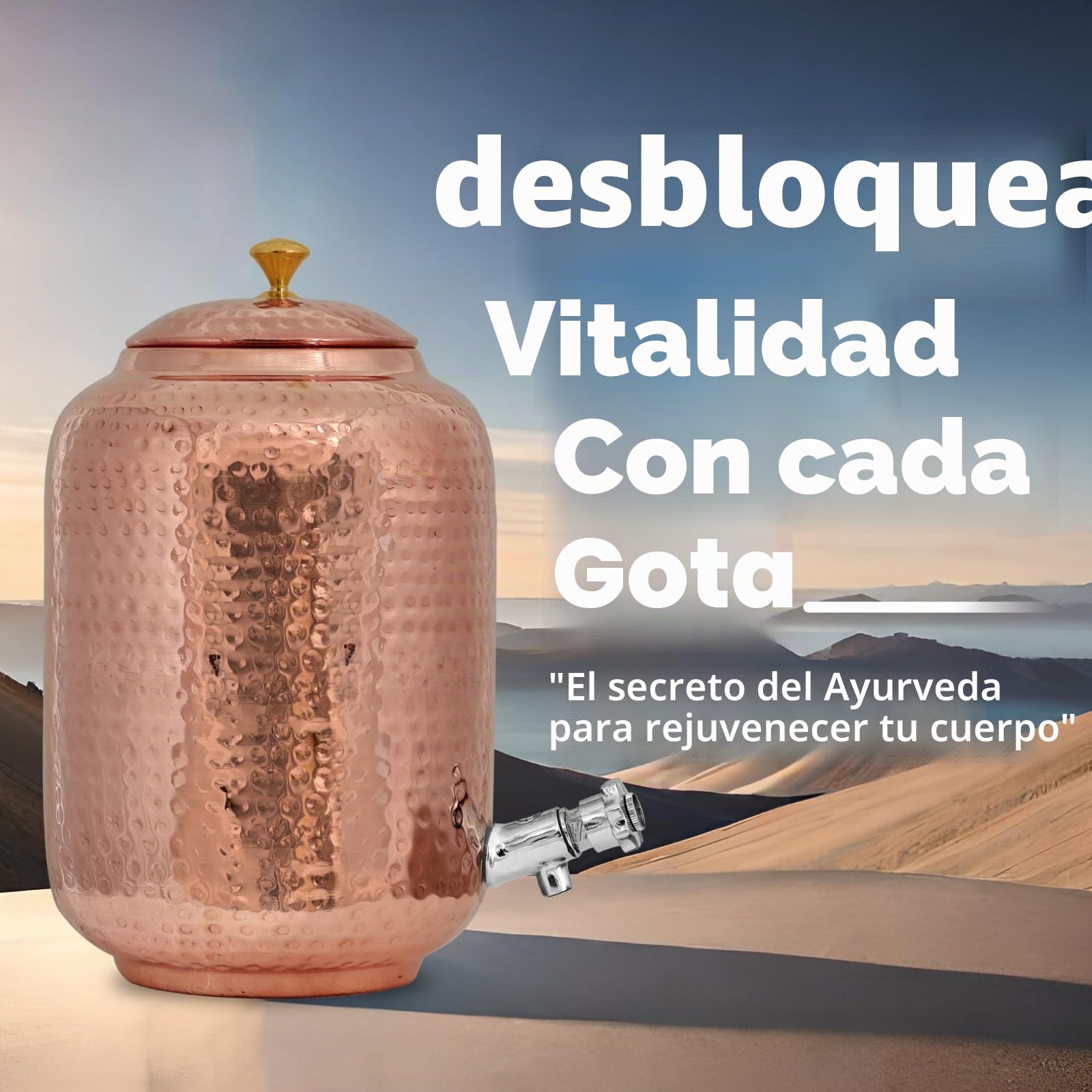 Dispensador de agua de cobre de 8 litros y 2 vasos con juego de botellas de agua, martillado a mano, solución de hidratación ayurvédica