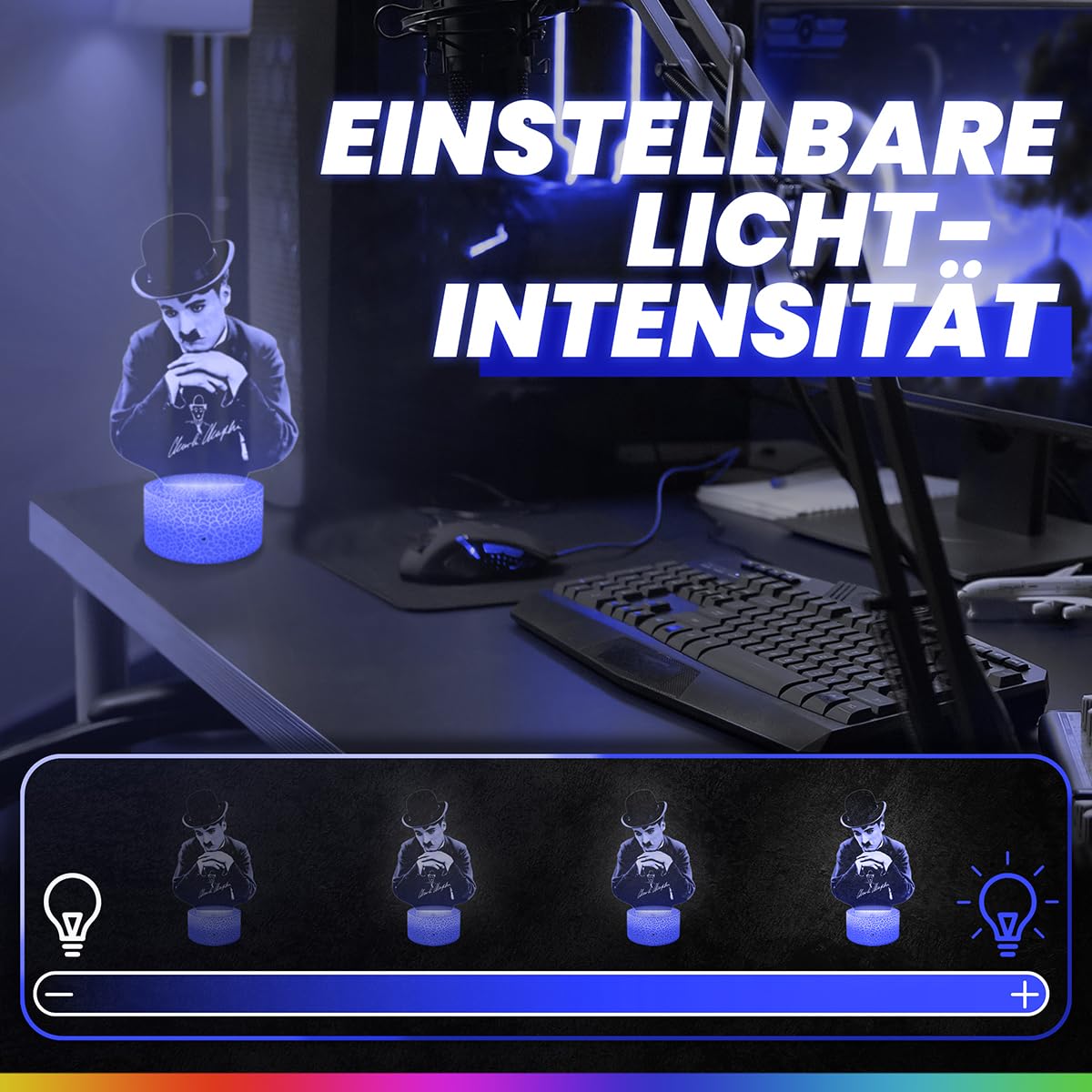 Lampephoto.fr - Charlie Chaplin Schauspieler Regisseur Produzent 3D Lampe Taktile Touch Nachtlicht 3d Led Illusion, Geschenkidee zu Weihnachten oder Geburtstag für Männer und Frauen