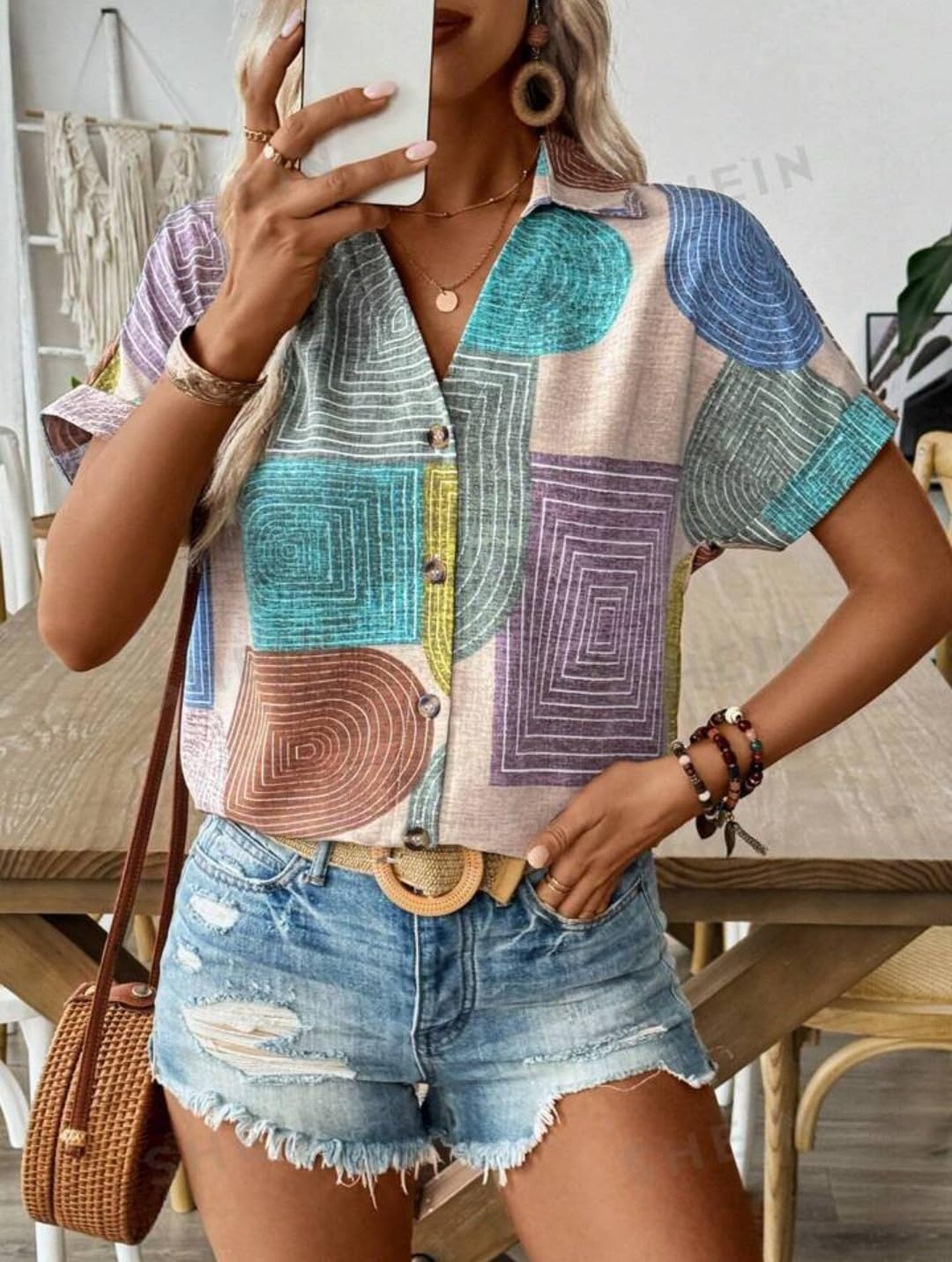 Gufrina Women's Colorful Abstract Geometric Print Shirt, Half Sleeve, Collar Neck, Casual Button-Up Top, Rayon Fabric (Beige XXL) 1