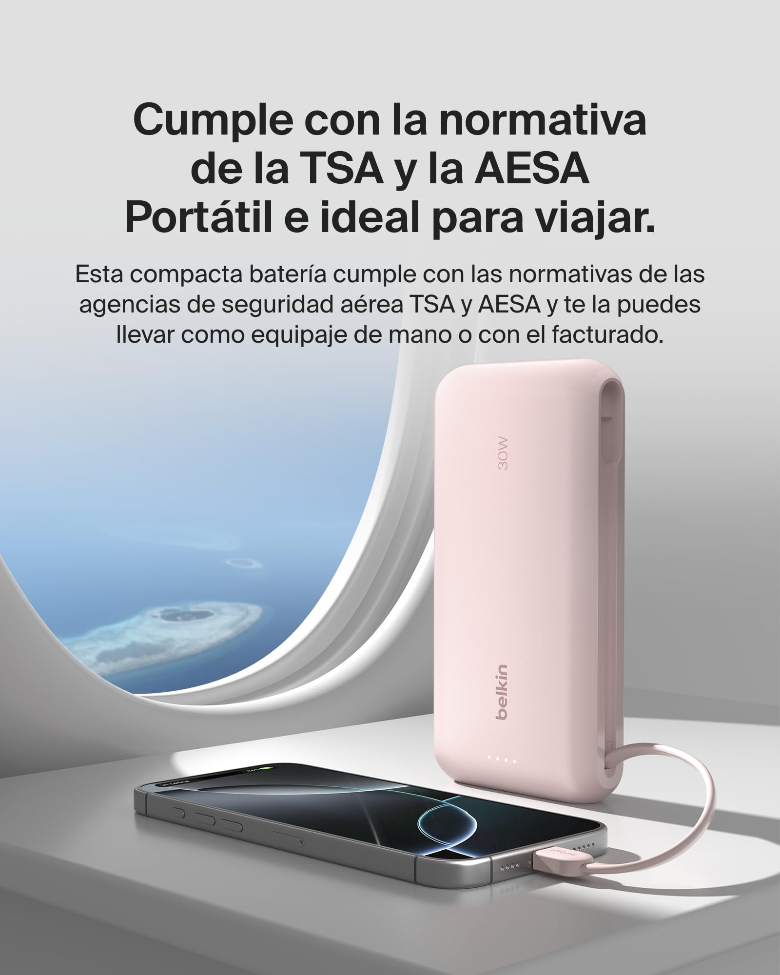 Belkin BoostCharge Batería Externa 20000 mAh con Cable USB-C - Rosa | Power Bank de 20000 mAh, 1 puerto y 1 cable USB-C y 1 puerto USB-A, 30 W, LED, Apta como Equipaje de Mano y Precargada