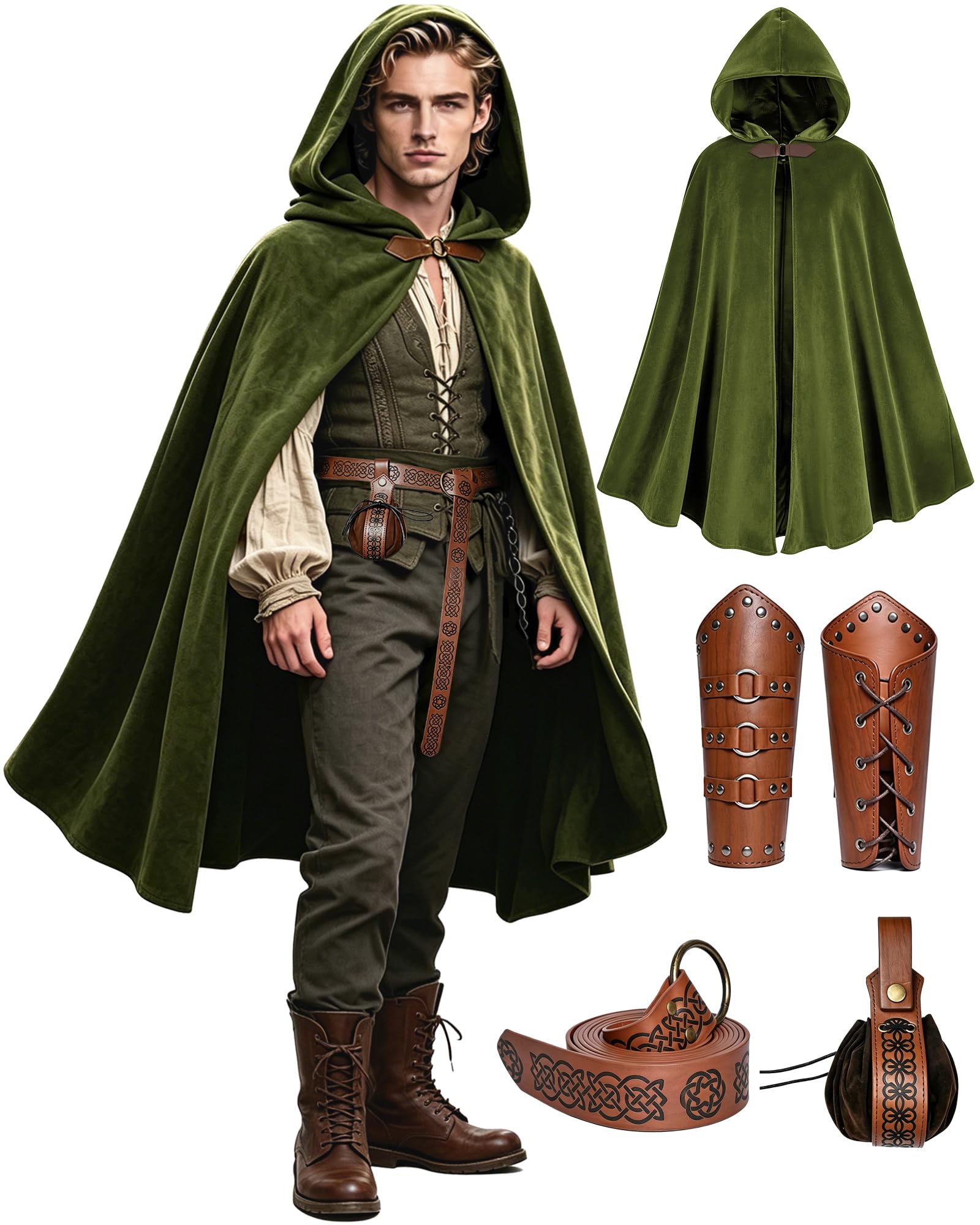 FJKVKDT Medieval Viking Hooded Cloak Set for Men Women, Renaissance LARP Costume with Faux Leather Embossed Belt, Bracers & Pouch (Olive Green, One Size)