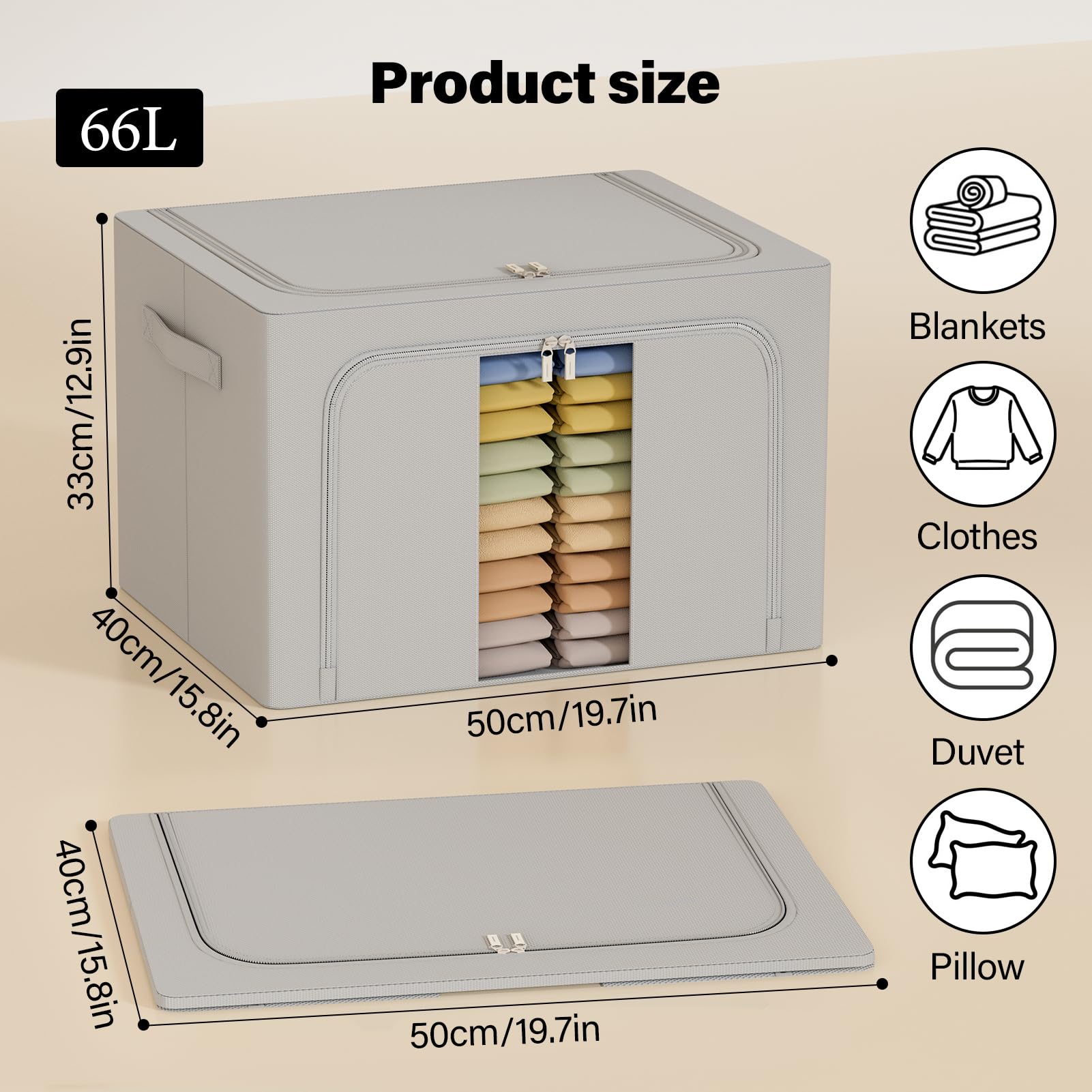 GoMaihe 3 Stück Aufbewahrungstasche mit Metallrahmen 198L - Stapelbare Aufbewahrungstasche für Bettdecken Kleidung - Faltbare Kleideraufbewahrung Box Abstellraum Kleiderschrank Organizer (Grau,66L)