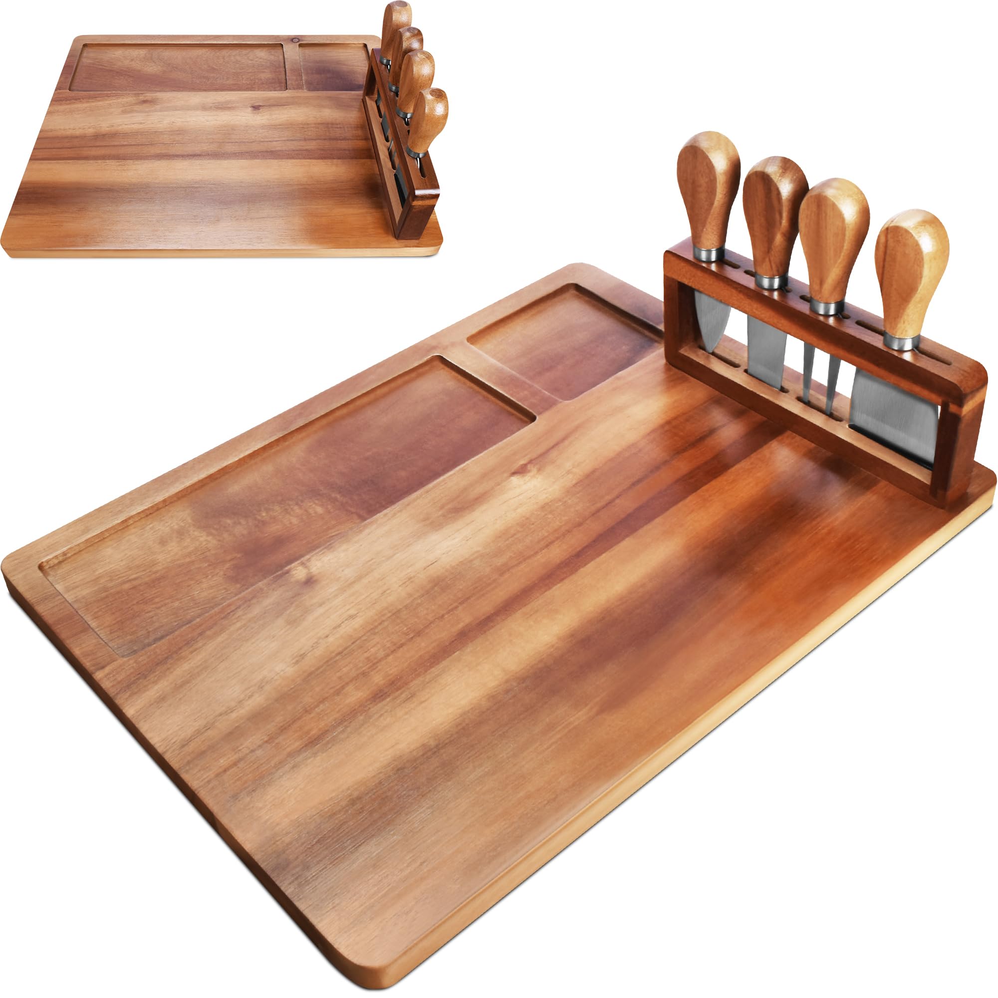 XYJ Cutting Board, Acacia Wood, Charcuterie Board with 4 Pieces Cheese Knives, Cheese Board and Platter, Meats Platter Dessert Fruit Charcuterie Party Chopping Board