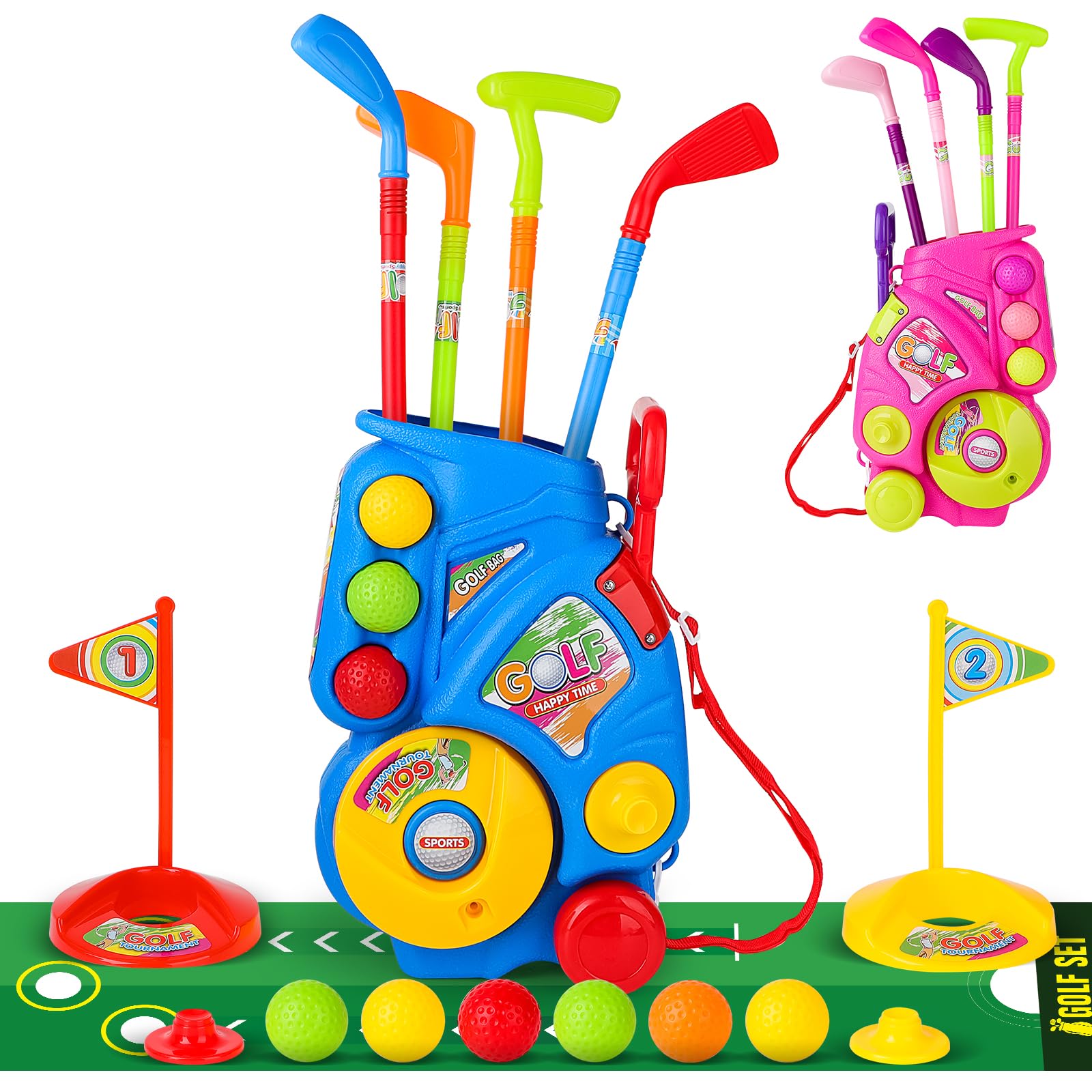 deAO Kids Golf Clubs Set, Portable Toddler Golf Set with 4 Clubs, 6 Balls, 2 Holes, 2 Flags, Indoor Outdoor Garden Toys Golf Set for Boys Girls 3 4 5 6 7 8 Years (Blue)