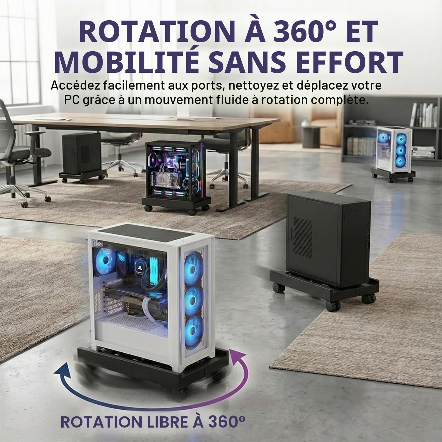Support tour PC, Support PC Sous Bureau, Chariot de CPU Sous Bureau, Taille Réglable, avec Roulettes Pivotantes Verrouillables Adapté À La Plupart tour Ordinateur(Noir)
