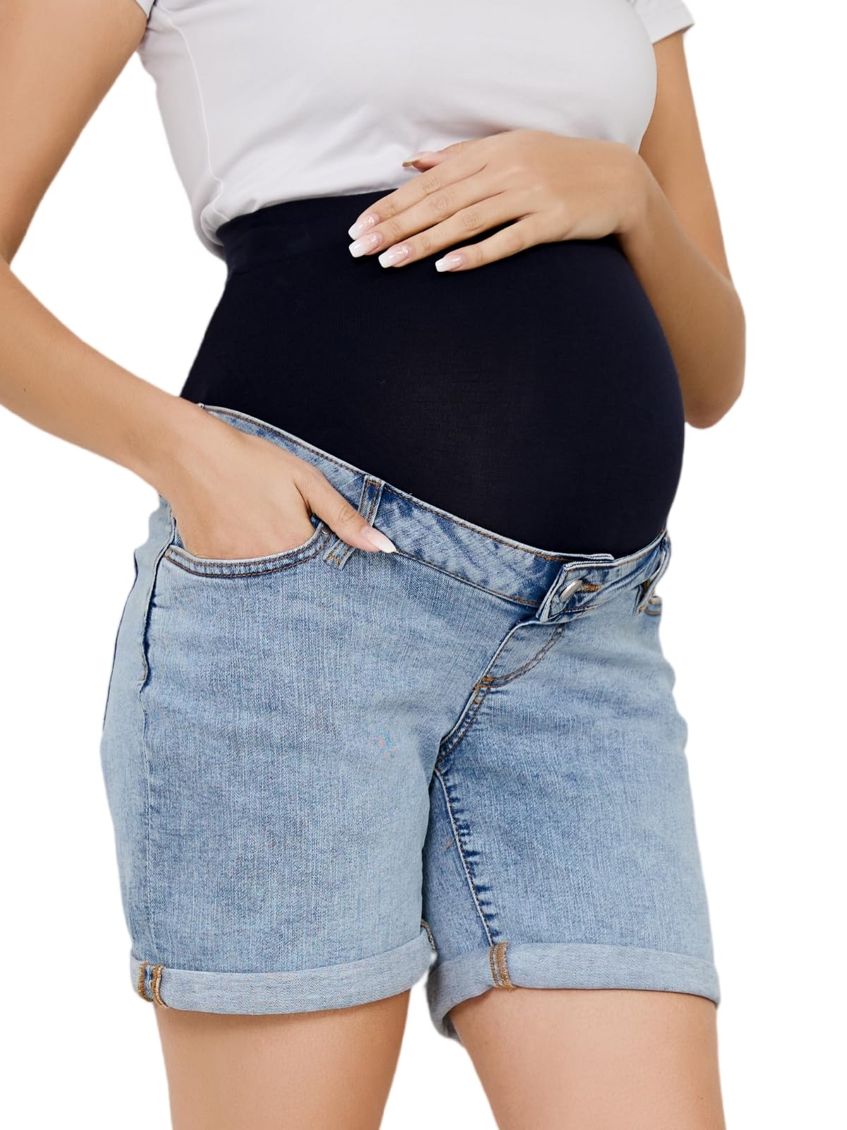 OVRUNS Women Maternity Jean Shorts Over The Belly Rolled Cuff