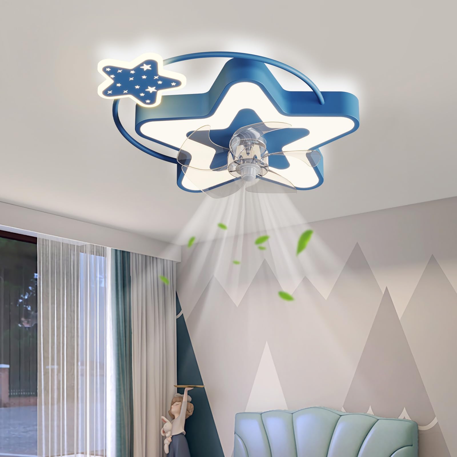 YUNZI Ventilador De Techo Con Luz Infantil Silencioso Mando Ventilador Techo Lampara Ventilador Dormitorio Ventilador Y Plafón De Techo Regulable Velocidad Del Viento Lampara De Techo-Blue