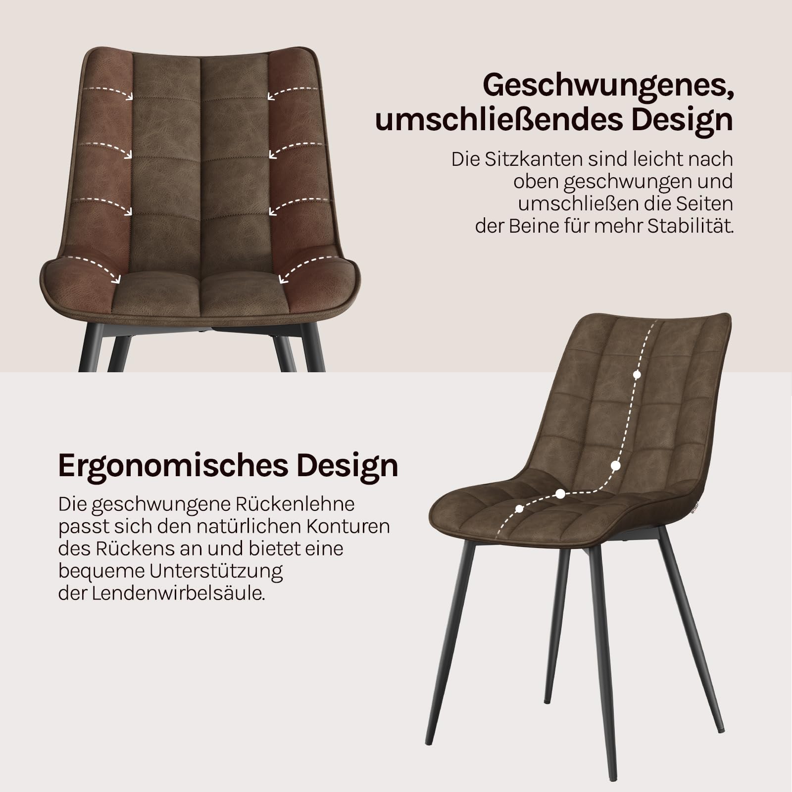 WOLTU Esszimmerstühle 2er Set, für Wohnzimmer Küche Esszimmer, Küchenstühle gepolstert mit Rückenlehne, Sitzfläche aus Kunstleder, mit Metallbeinen, bis 150 kg belastbar, Braun