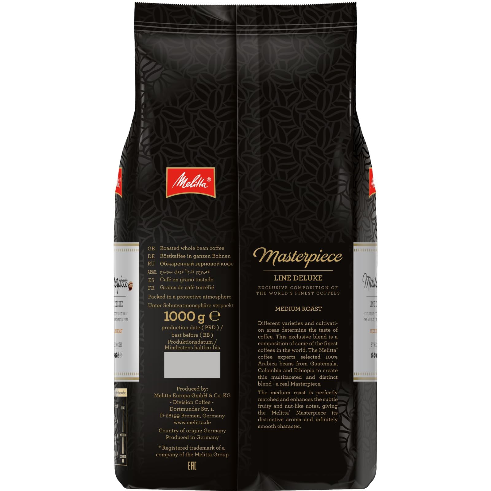 Melitta Masterpiece kawa z rzadkością, 1 kg, całe ziarna kawy, niezmielona, 100% Arabica, Medium Roast, palona w Niemczech, grubość 3,5