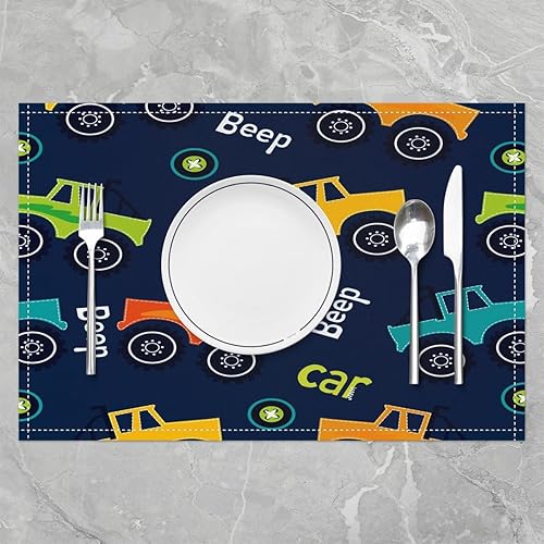Miniatura 2 de Juego de 4 manteles individuales para mesa de automóvil de dibujos animados, lindos camiones, estampados, decoración de cocina, cena, interior,