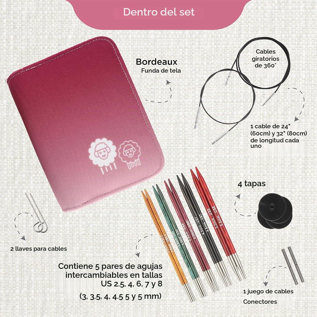 KnitPro Dreamz Juego de Agujas Intercambiables - 5 Pares de Agujas de Tejer Circulares de 13 cm con Accesorios Set de Inicio, para Principiantes, Profesionales y Set de Regalo