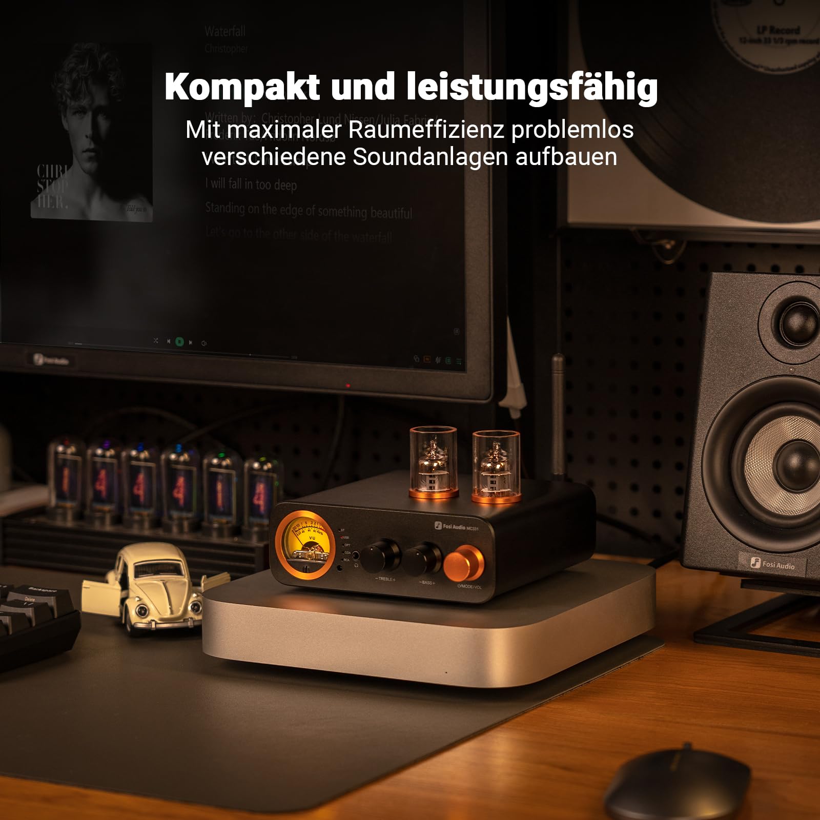 Fosi Audio MC331 Röhrenvollverstärker mit DAC, 2 Kanal Heim Stereo Audio Verstärker für HiFi Regallautsprecher/3,5mm Kopfhörer, Retro VU-Messer Vorverstärker mit Bluetooth und USB/Opt/Coax/RCA