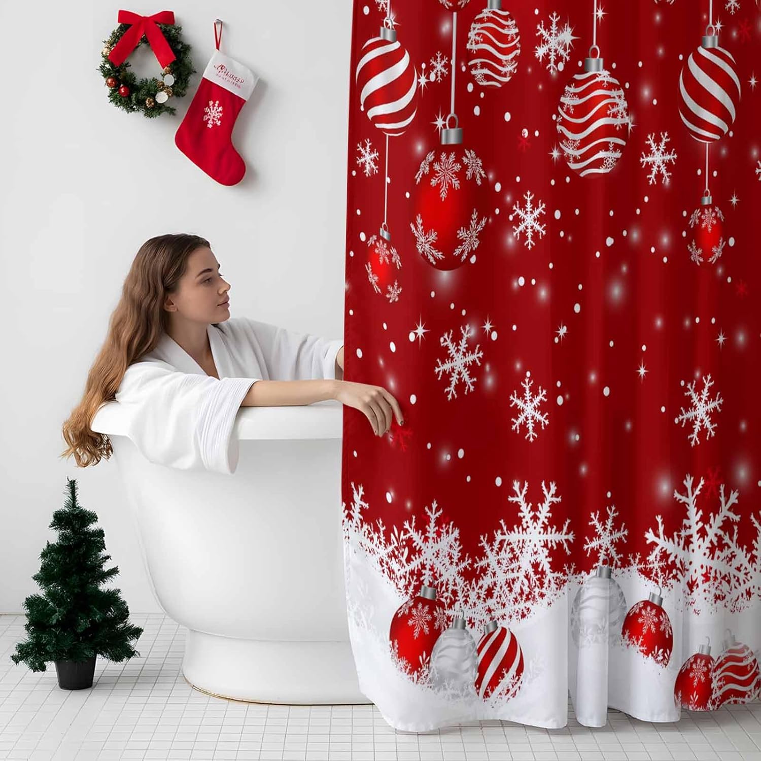 Christmas Shower Curtain Winter Snowflake Xmas Shower Curtains with 12 Hooks Waterproof Red Xmas Balls Bath Curtain for Bathtub, Bathroom Decor Lightweight Red Fabric Shower Curtain Set 72x84 Inch