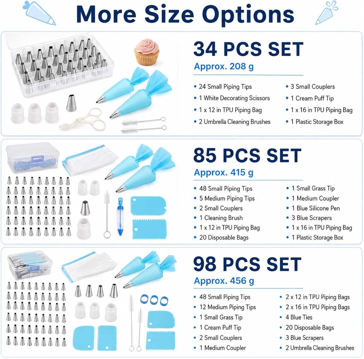 Cake Decorating Supplies Kit, Stainless Steel Piping Tips, Couplers, Reusable TPU & Disposable Pastry Bags, Scrapers, Cleaning Brush, Tool Storage Case (Silver,34 PCS)