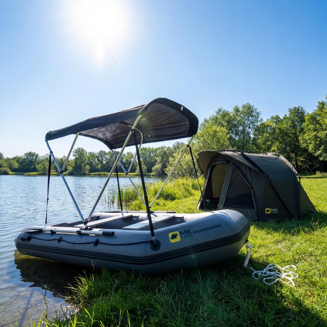 Bootsverdeck für Schlauchboot mit 2-Bug Bimini – Sonnenschutz & Regenschutz, faltbar, UV-beständig, inkl. Gestänge & Halterung