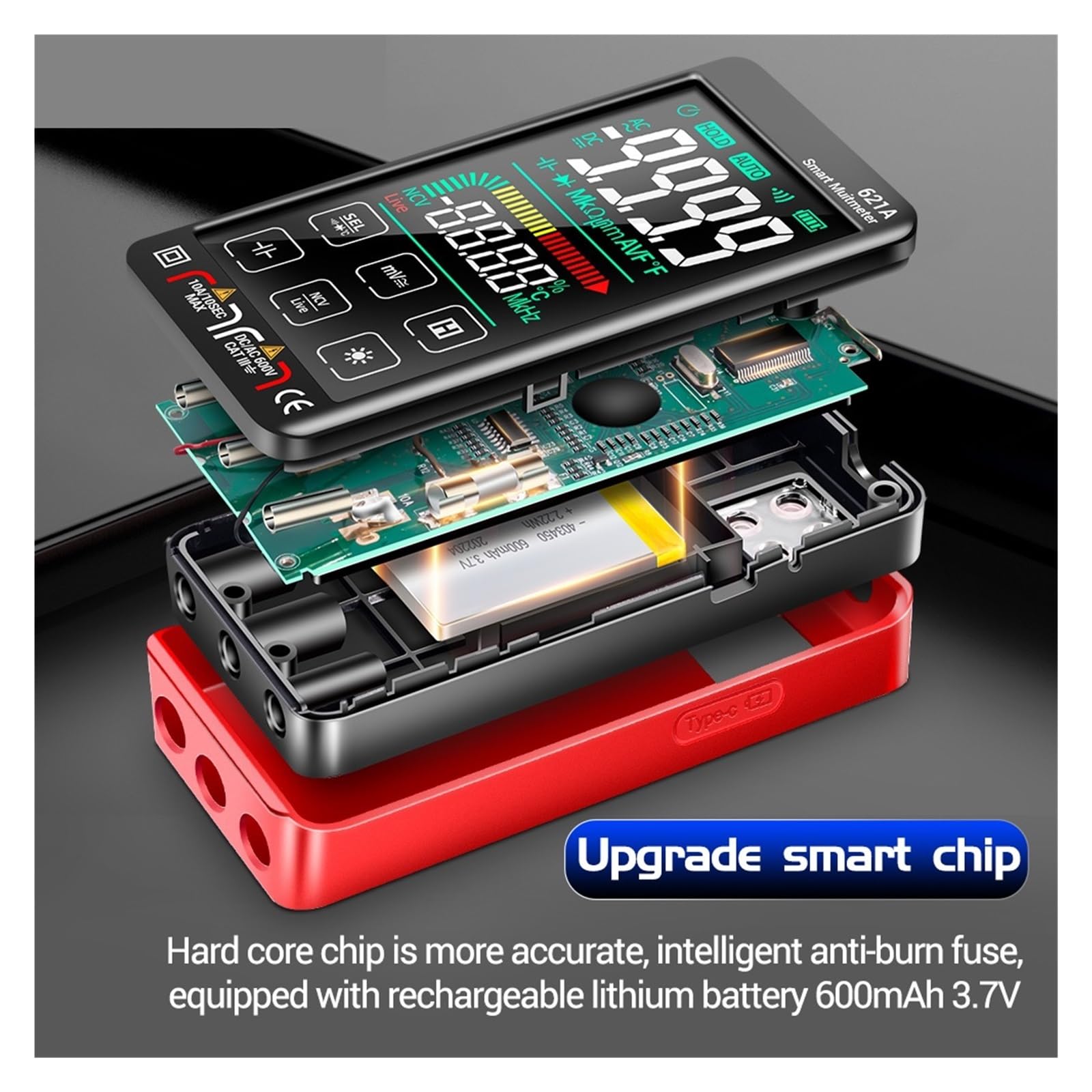 Comprobador MultíMetro Multímetro Digital Inteligente Pantalla Táctil Multímetro Probador Transistor 9999 Cuenta RMS Verdadero Rango Automático DC/AC 10A Medidor Precisión Seguro(621A Black sheath)