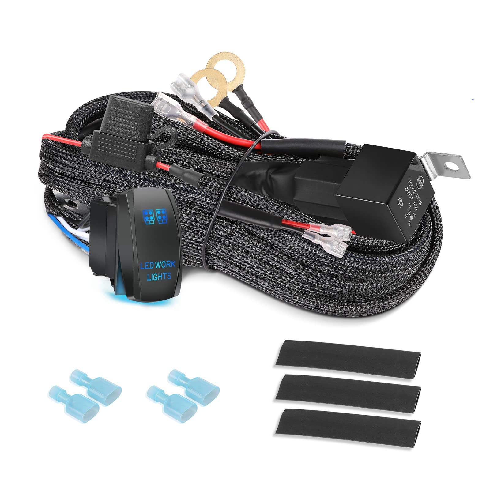 LED Light Bar Wiring Harness 2 Lead, Teochew-LED 12V 40A Rock Switch Relay Fuse Nylon Wiring Harness Kit for LED Lights Fog Lights Off Road Work Light Bar Wiring Hanress 2 Lead for ATV UTV Truck Boat