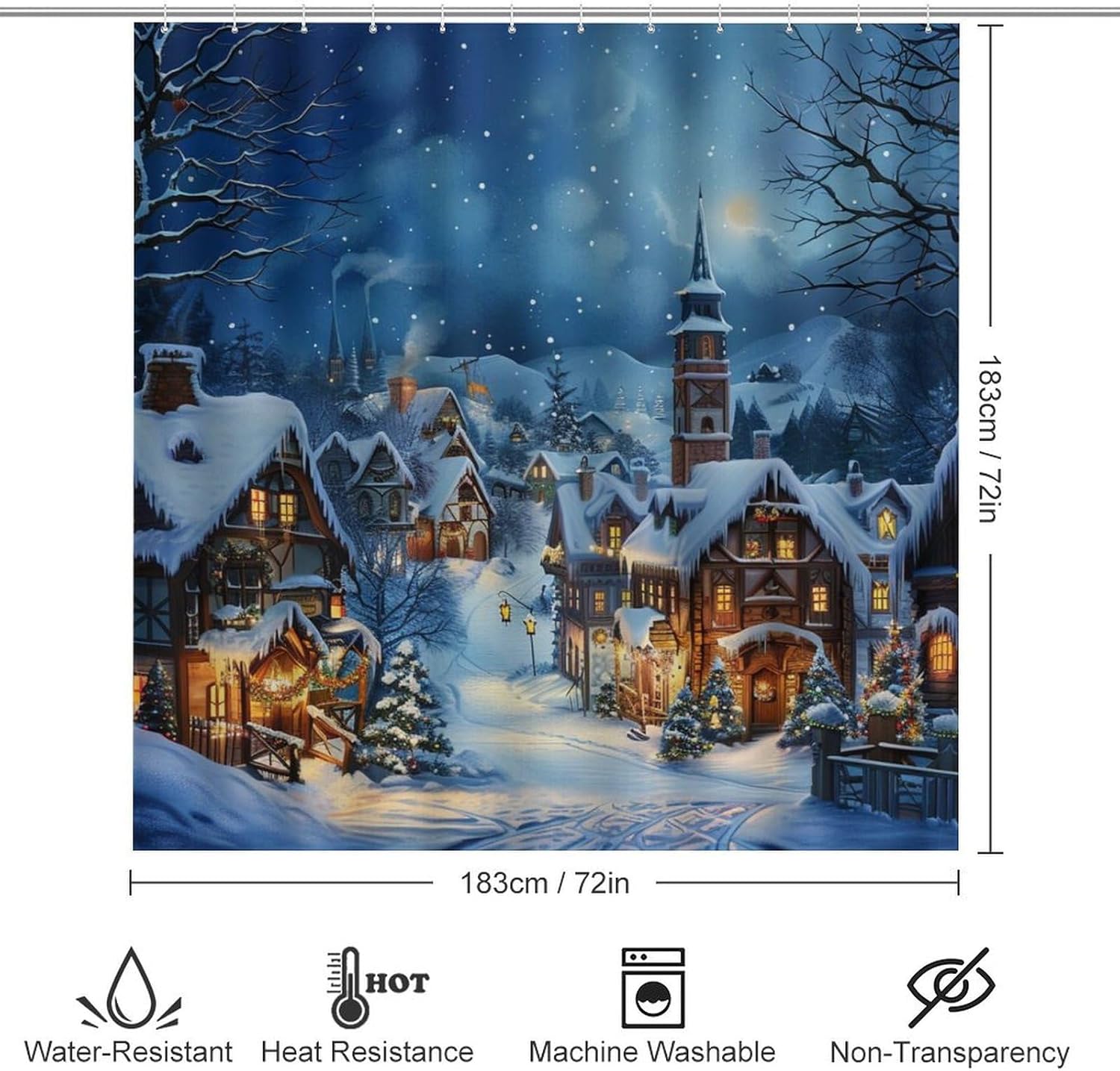 4Pcs Christmas Tree Town Cabin Shower Curtain Set with Toilet Lid Cover Non-Slip Rugs for Bathroom, Winter Snow House Shower Curtain Bathroom Sets with Hooks, 72x72 Inch