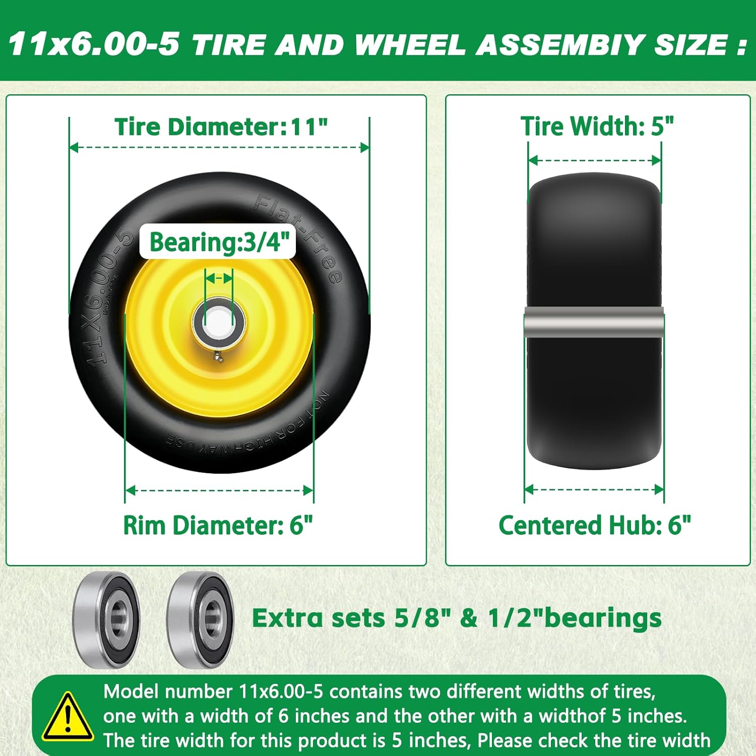 Upgrade 11x6.00-5" Flat Free Tire,2Pcs Solid Smooth Lawn Mower Tires Assembly with 3/4" 5/8" or 1/2” Bearings for Riding Lawn Mower,Zero Turn Lawn Mower,Bad Boy,Cub Cadet Front Tire, Load 425lbs