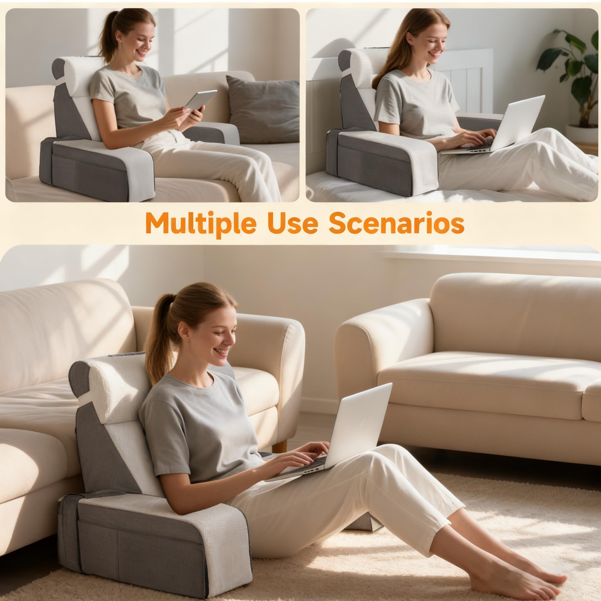 Groß Lesekissen mit Abnehmbarer Nackenrolle & Armlehne, Rückenkissen Bett, Ergonomisches Rückenkissen Rückenlehne Kopfkissen mit Arm & Tasche & waschbarem Bezug für Lesekissen zum Lesen, Fernsehen