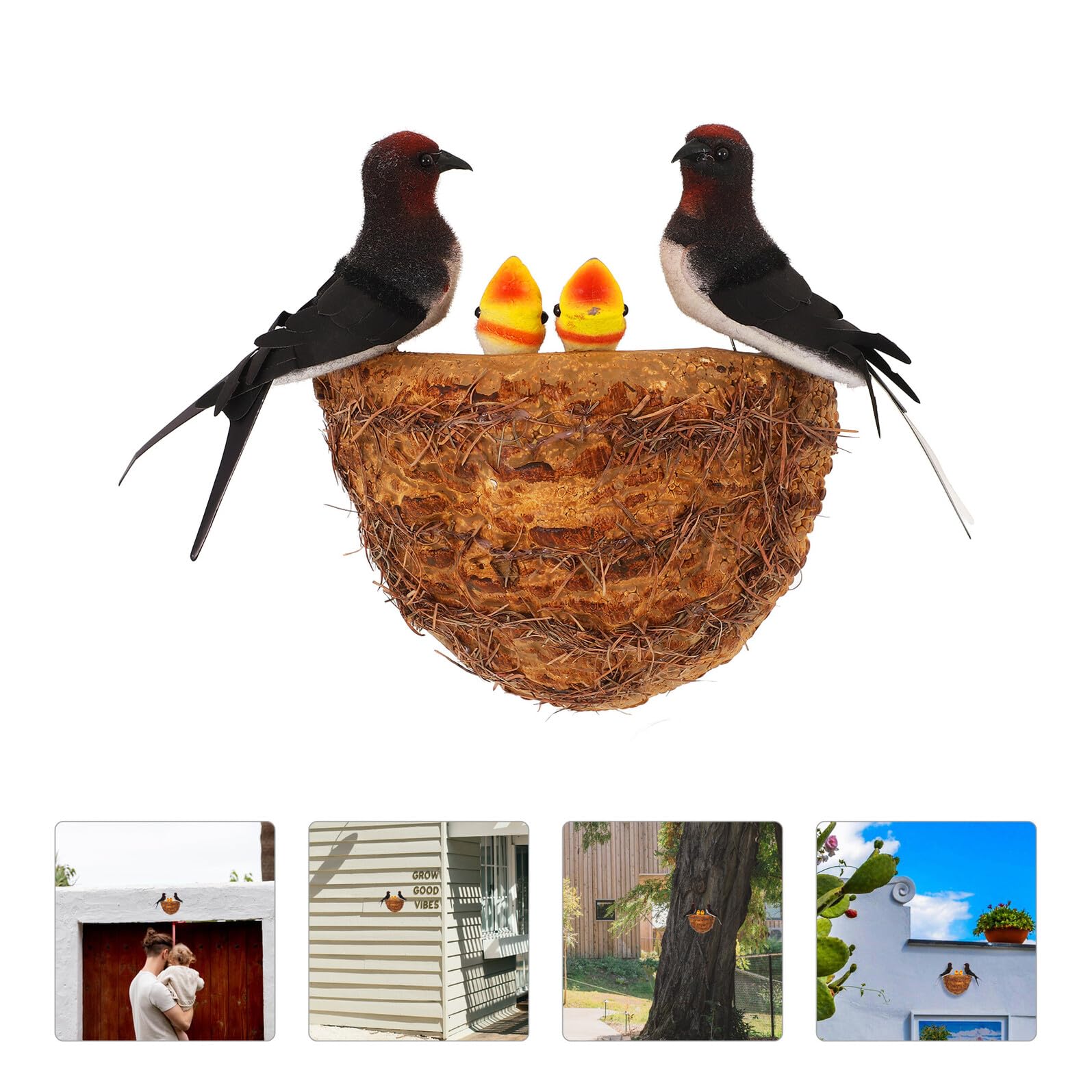 Nido Simulado Nido de Golondrina Artificial 2 Polluelos Decoración Rústica Exterior Juego con 2 Golondrinas Cerradas para Decoración de Jardín y Pared para Patio y Jardín — view 7