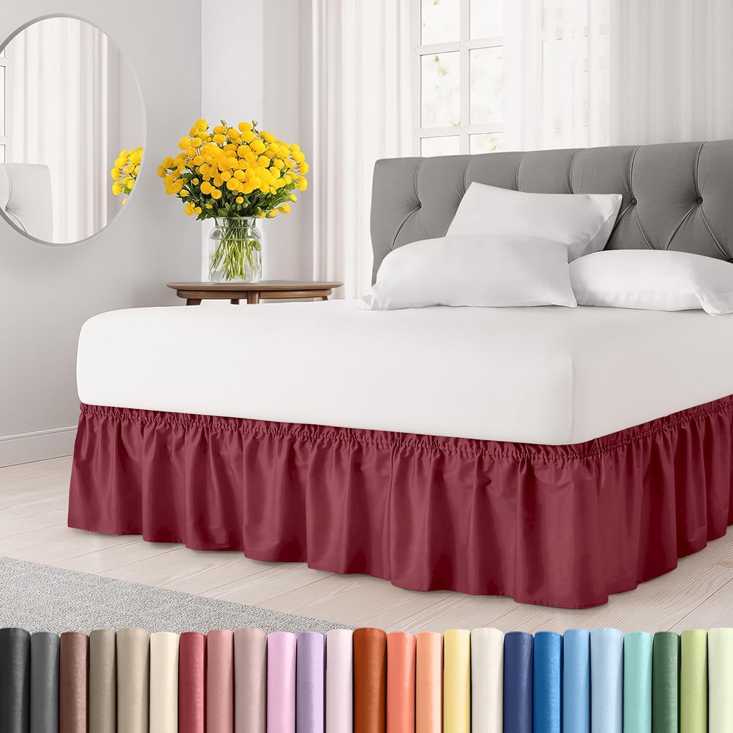 Gorayoo Bedding Bed Skirt – Wrap Around Dust Ruffle Bed Frame Cover with Easy Fit Elastic Strap, Single Size 24 Drop, Microfiber Pleated, Machine Washable |Burgundy, (48inchx72inch)