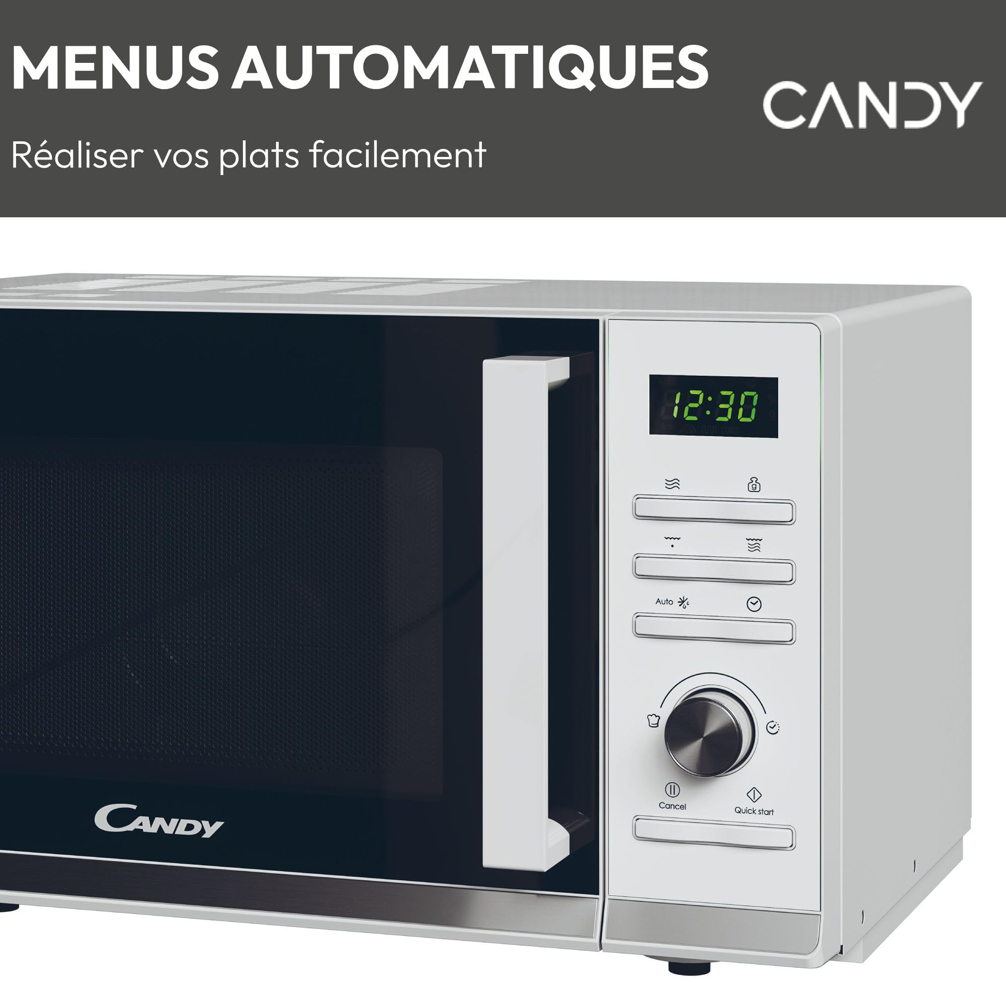 Candy Moderna CMGA23TNDW Four Micro-ondes Gril 900W 23L Digital, Fonction Décongélation, Plateau Tournant, 11 Niveaux de Puissance,19 Menus Auto, Grille Métal, Cuisson Express, Sécurité Enfant,Blanc