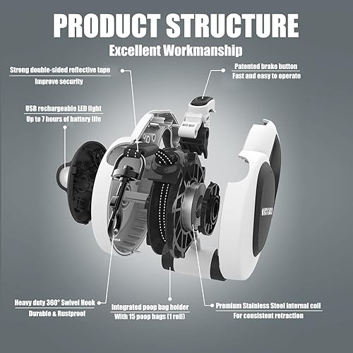 Miniatura 3 de HCY&WLD Correa retráctil 4 en 1 mejorada para perro con luz LED, dispensador y bolsas para excrementos, correa resistente de 16 pies para perros con