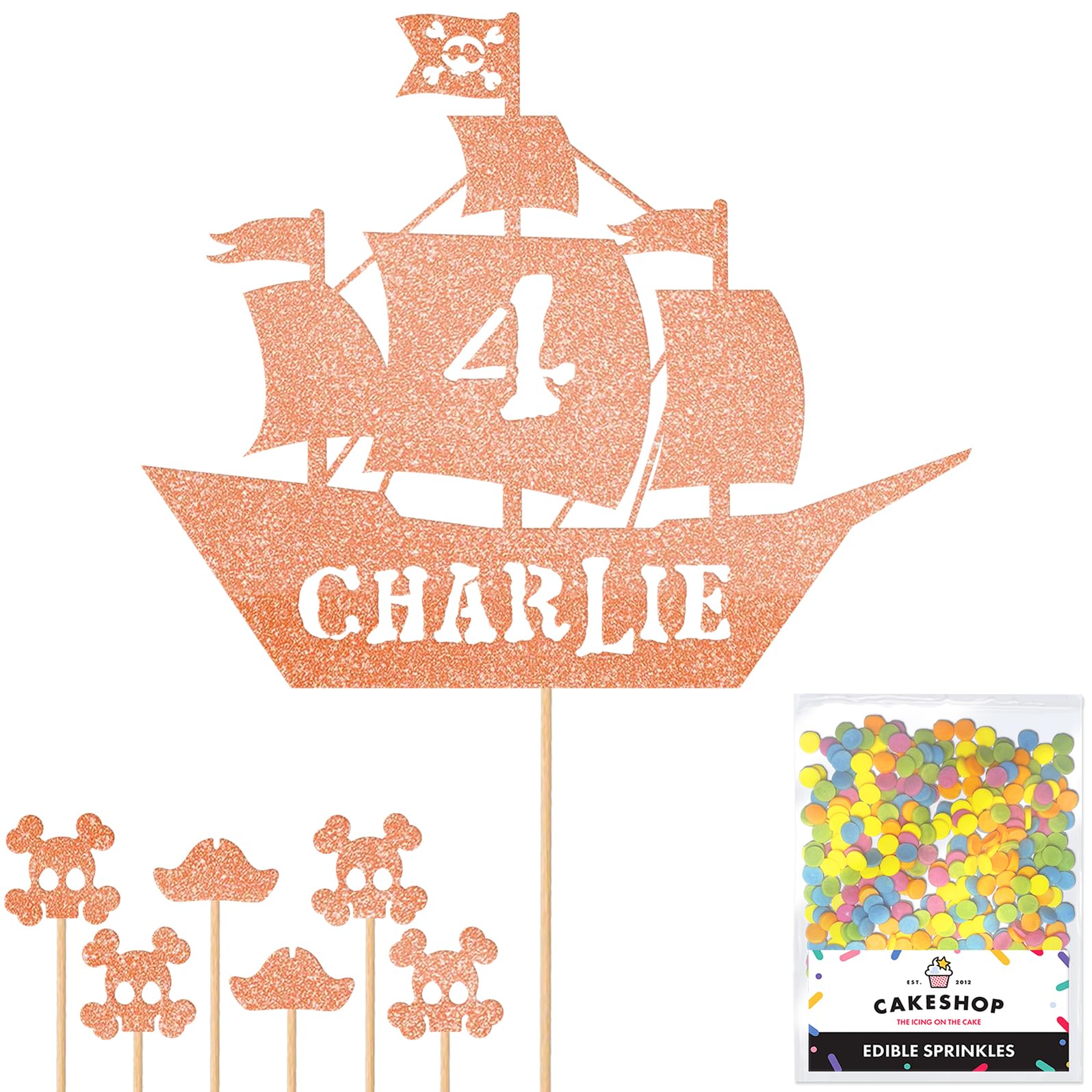 Personalised Birthday Pirate Ship Glitter Cake Topper Rose Gold Any Custom Age & Name Glitter Cake Decoration and Sprinkles - Happy Birthday Decorations - Personalised Toppers for Cakes by Cakeshop โ image 1