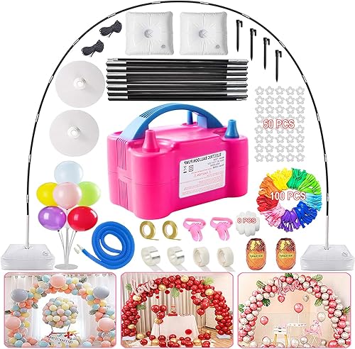 Kit de arco de globos y bomba de globos, soporte de arco de globos ajustable de 9 pies de alto y 10 pies de ancho con base de agua, bomba eléctrica,