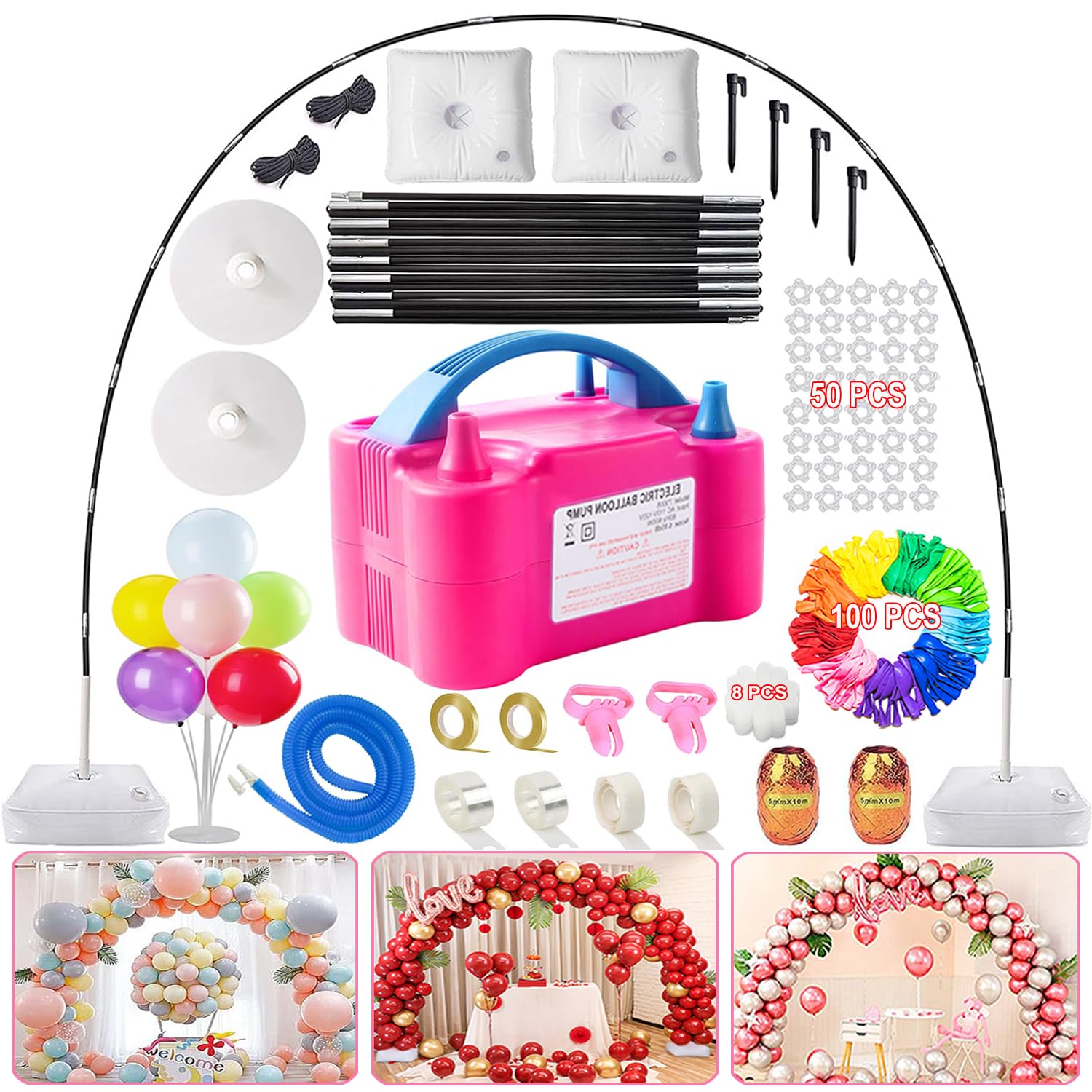 Balloon Arch Kit and Balloon Pump, 9Ft Tall & 10Ft Wide Adjustable Balloon Arch Stand with Water Base, Electric Pump, Balloons and Accessories for Wedding Birthday Party Decoration